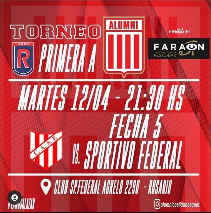 👉 Para cortar la semana, tenemos partido !!! 💪💪

 🏀 juega ALUMNI ❗️

SPORTIVO FEDERAL
🆚️
ALUMNI de Casilda

🏆 Rosarina PRIMERA A
Fecha 5️⃣
📅 Martes 12/04
🕥 21:30 hs
🏟 VISITANTE - CSF Agrelo y Baigorria - Rosario

#vamosalazan⚪🔴⚪

Auspicia FARAON Resto Bar