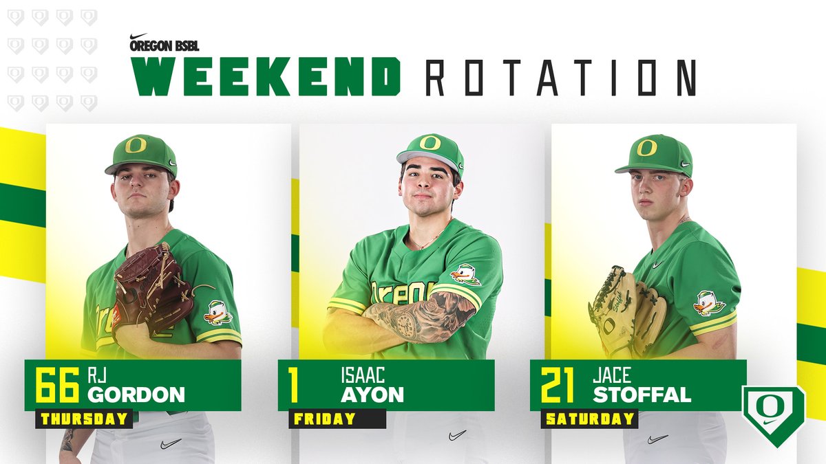 𝐑𝐨𝐭𝐚𝐭𝐢𝐨𝐧 𝐅𝐨𝐫 𝐖𝐚𝐬𝐡𝐢𝐧𝐠𝐭𝐨𝐧 𝐒𝐞𝐫𝐢𝐞𝐬

Thursday 👉 @rjgordon_21 
Friday 👉 <a href="/IsaacAyon4/">Isaac Ayon</a> 
Saturday 👉 <a href="/jstoffal9/">Jace Stoffal</a> 

Oregon Notes 👉 bit.ly/3KFdtZb

#GoDucks
