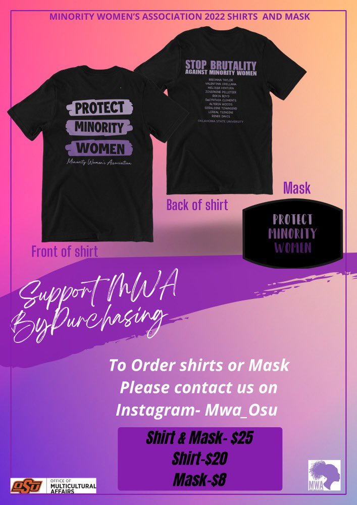 MWA_OSU's tweet photo. Support Minority Women’s Association by Purchasing a Mask and Shirt! 🤍💜 You can purchase a shirt for $20, a mask for $8, or get a bundle for just $25! To order, please DM our Instagram Page with your name, number, and size. Thank you 💜🤍 https://t.co/ZDubMOCZPd