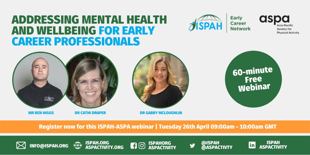 📯Calling all #EarlyCareer professionals!

The ISPAH &amp; <a href="/ASPActivity/">Asia-Pacific Society for Physical Activity</a> Early Career Networks are co-hosting a webinar to talk about what's in the forefront their minds - #MentalHealth and #Wellbeing.
🗓️April 26

It's an important conversation - register here👇us02web.zoom.us/webinar/regist…