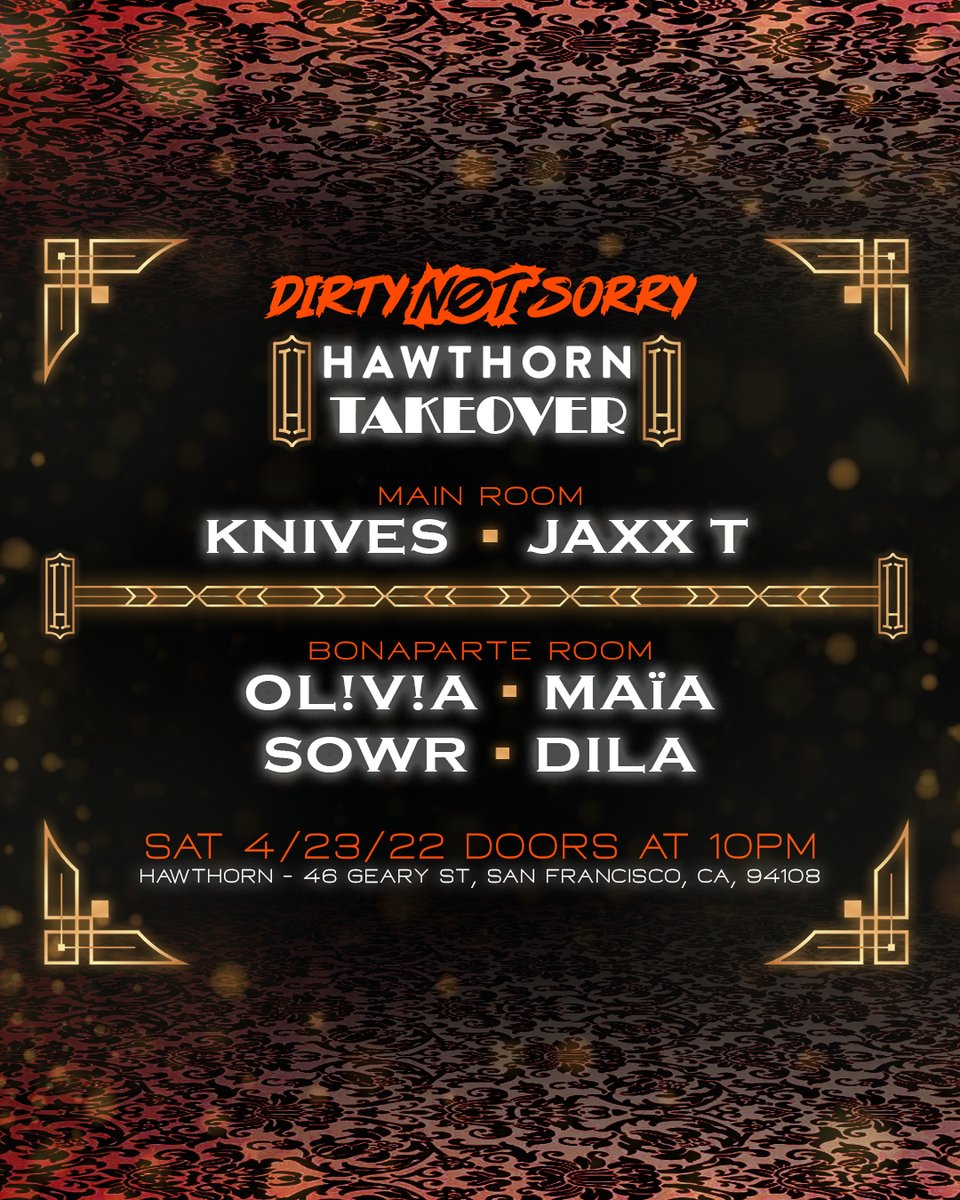 NEXT FRIDAY❗We're back for another takeover at our home away from home: Hawthorn 💃🕺

This time featuring @sowr20 + <a href="/DILAmusic_/">DILA</a> + <a href="/dj_knives/">DJ Knives</a> + <a href="/iamnotjasper/">Jasper Tay</a> + More 🔊🎶

Sign up for the FREE Guest-List here now ✅🔗👉 Bit.ly/3vgBwXN