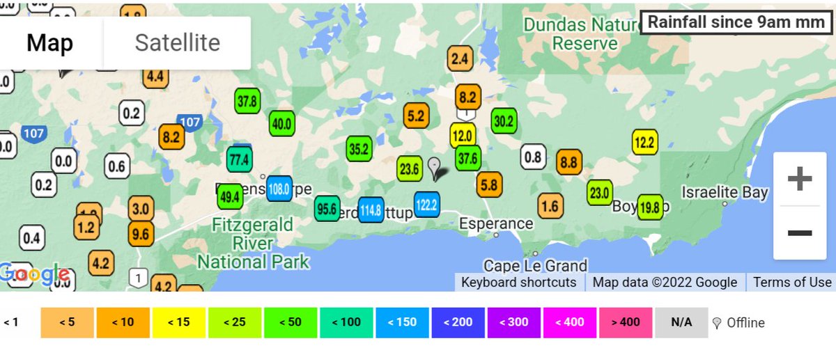 Large falls across south Eastern coastal areas.