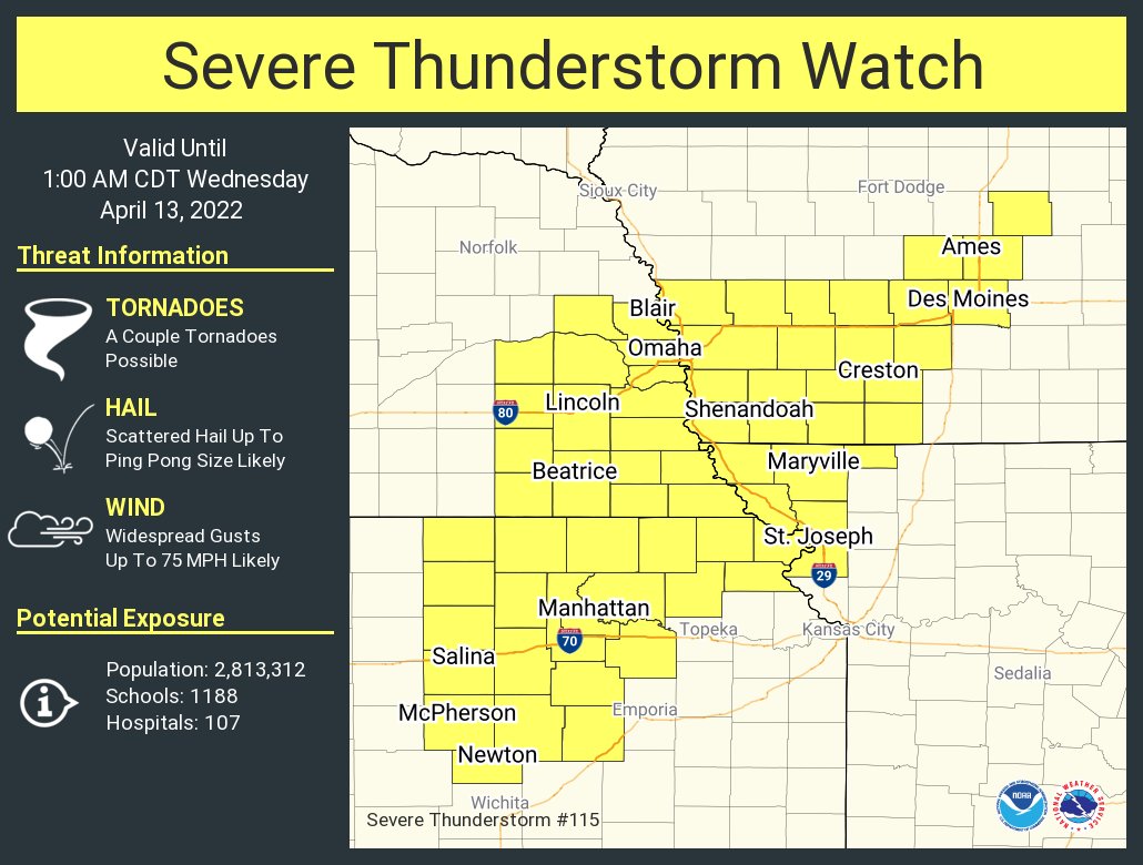 NWSOmaha's tweet photo. A severe thunderstorm watch has been issued for parts of Iowa, Kansas, Missouri and Nebraska until 1 AM CDT https://t.co/UDKNAsW9dU