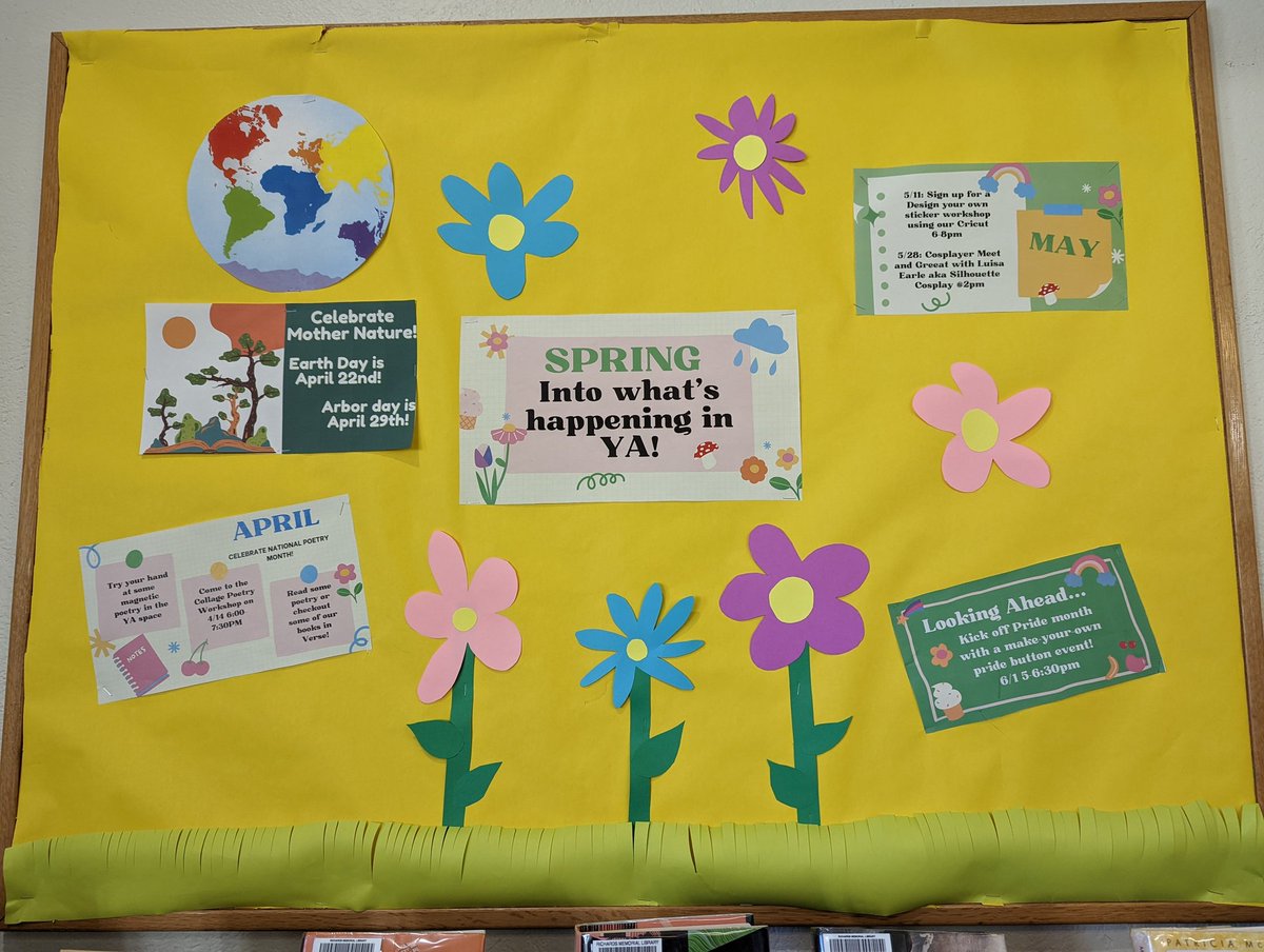 Finally put up the spring display board today! Super excited about these events we have coming up!!  #springintoya #childrenslibrarian #libraries #librarian