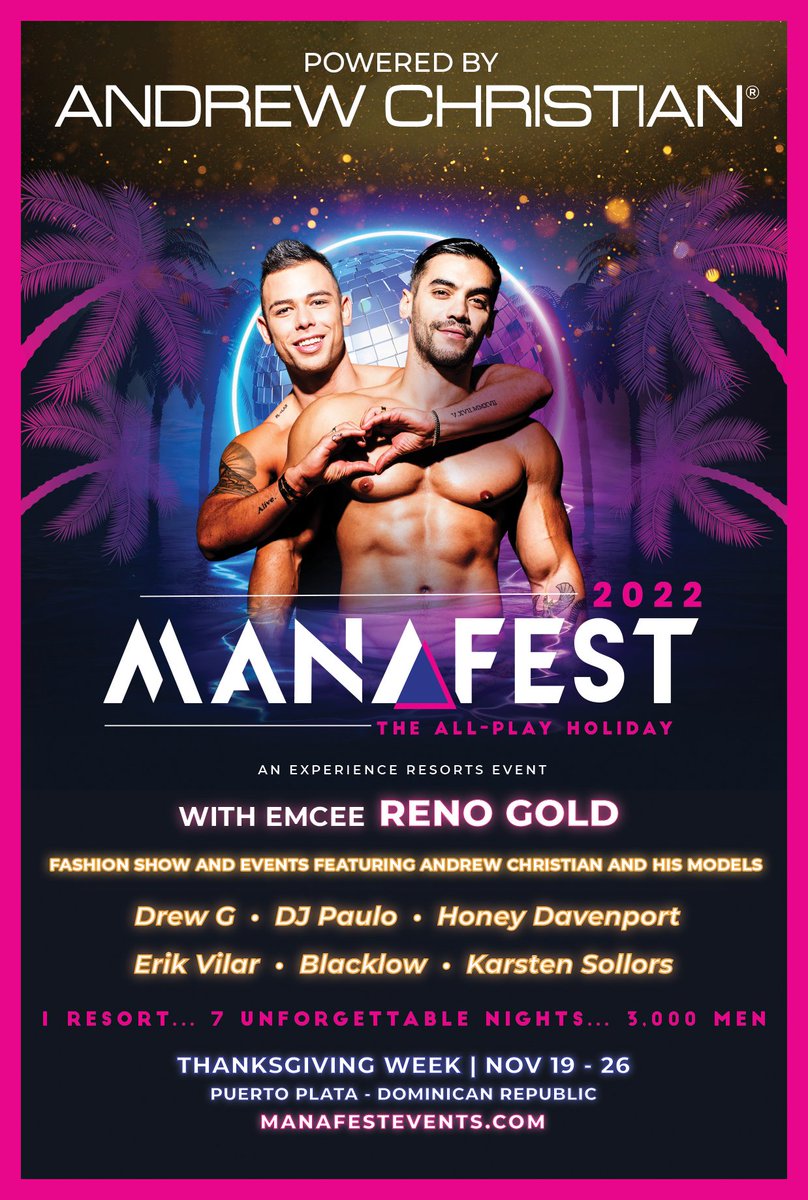 andrewchristian's tweet photo. Do you have #Thanksgiving plans? Pack your bags and join me at @ManafestEvents,  “A Caribbean Circuit Affair” in the #DominicanRepublic Nov 19-26! #livemusic #comedy #teadances #fashion #dragshows #games &amp; more! For more information visit:  >> https://t.co/GFKOzV34us https://t.co/v5Wa5Tuei3