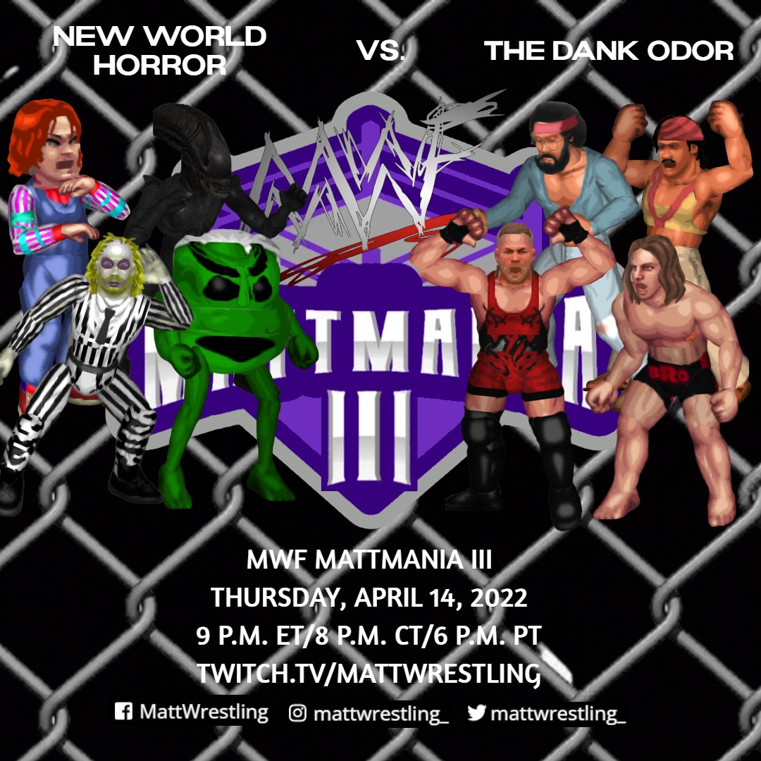 MattWrestling_'s tweet photo. Horror Games returns as Kool-Aid Man, Alien, Beetlejuice, & Chucky of the New World Horror go to war with RVD, Cheech, Chong, and The Dank Odor's newest member, Matt Riddle inside the cage at #MattMania! YES, THEY ATE THE TURKEY!
#MattWrestling #FireProWrestling #FPWWorld https://t.co/iqf1YJYAJo