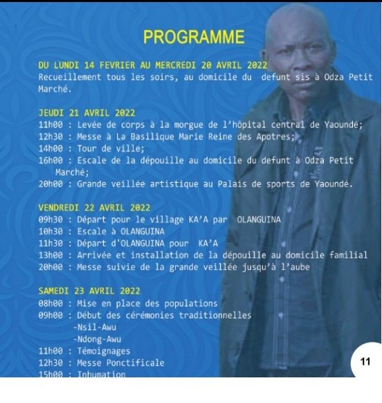 CRTV_web's tweet photo. Le programme définitif des obsèques de l'artiste musicien camerounais #Nkodo #Sitony prévoit son enterrement dans son village natal Ka'a par Olanguina dans la Mefou et Afamba, le samedi 23 avril 2022.
L'artiste était décédé le 23 décembre 2021 à Yaoundé, des suites de maladie. https://t.co/fhhlGRCr52