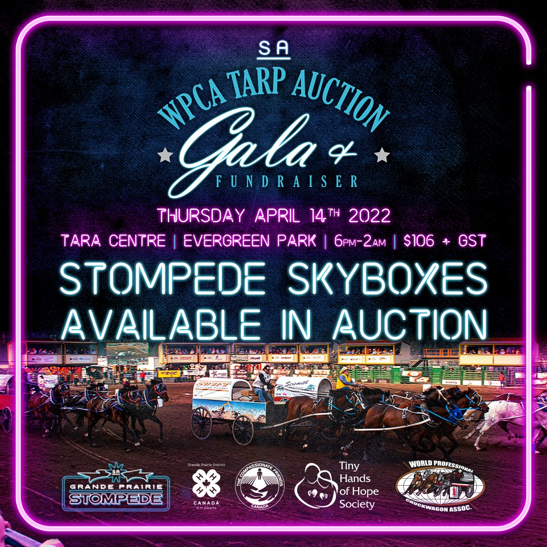 GPstompede's tweet image. Do you want a chance to get the best view of rodeo and chuckwagon racing? Join us at our WPCA Tarp Auction Gala + Fundraiser on April 14th for a chance to bid on our infield skyboxes!

Gala tickets available at gpstompede.com 

#GPStompede #GrandePrairie #YQU #MyGP #GPAB