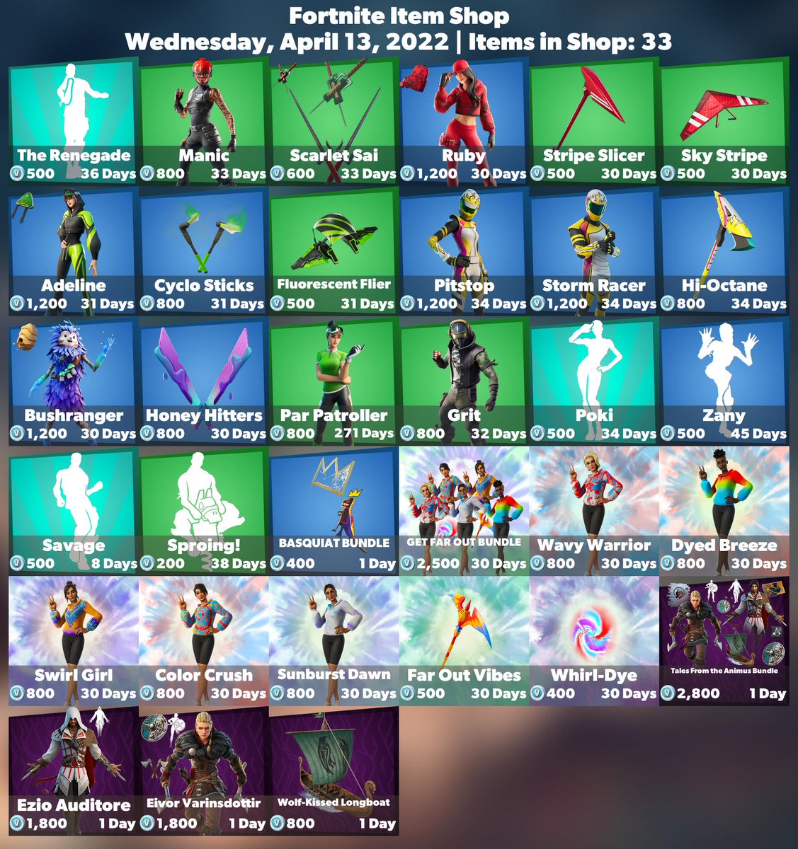 FireMonkey's tweet photo. 🛒 #Fortnite Item Shop
⏰ Wednesday, April 13, 2022

💚 Use code 'FireMonkey' to support me! #EpicPartner https://t.co/017cjelTh8