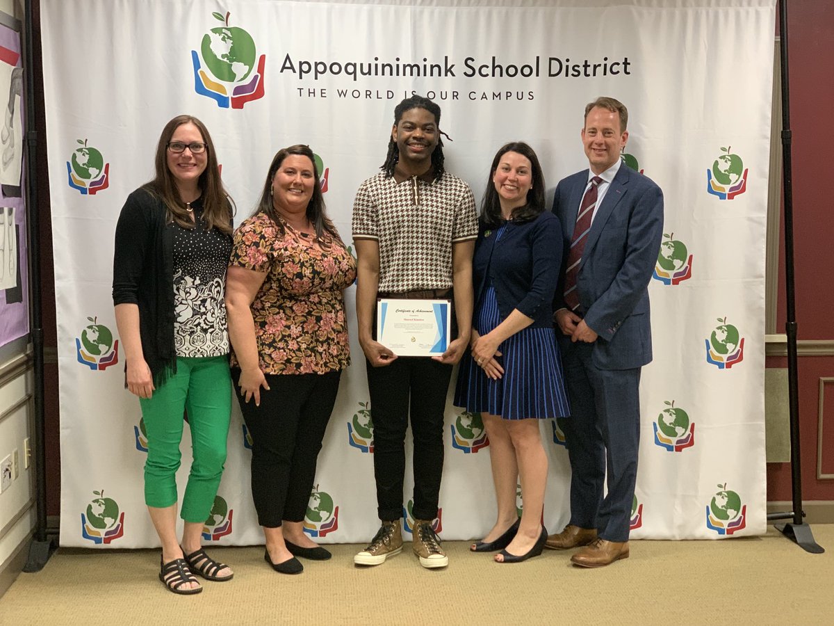We celebrated our 1st AHS student accepted to the prestigious Juilliard School. He is Shareef Kinslow. You’ll be reading more about him soon! Standing alongside Shareef are proud Music Educators Mary Filippone &amp; Laura Sebastiano, Board President Michelle Wall &amp; Supt. Burrows.