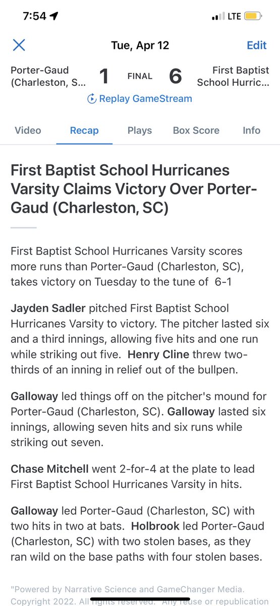 FBCanesBaseball's tweet photo. Canes take game 2 over Porter-Gaud!

Porter-Gaud 1
First Baptist 6

Winning Pitcher: Jayden Sadler (5-1)

Notables: 

Jayden Sadler: 6.1 IP 1 ER 5 Ks
Chase Mitchell: 2-4 
Fin Pratt: 1-2 2B, BB, 2 RBIs
Henry Cline: 1-4 2 RBIs

#WeAreFB https://t.co/Tp1qUcgKGN