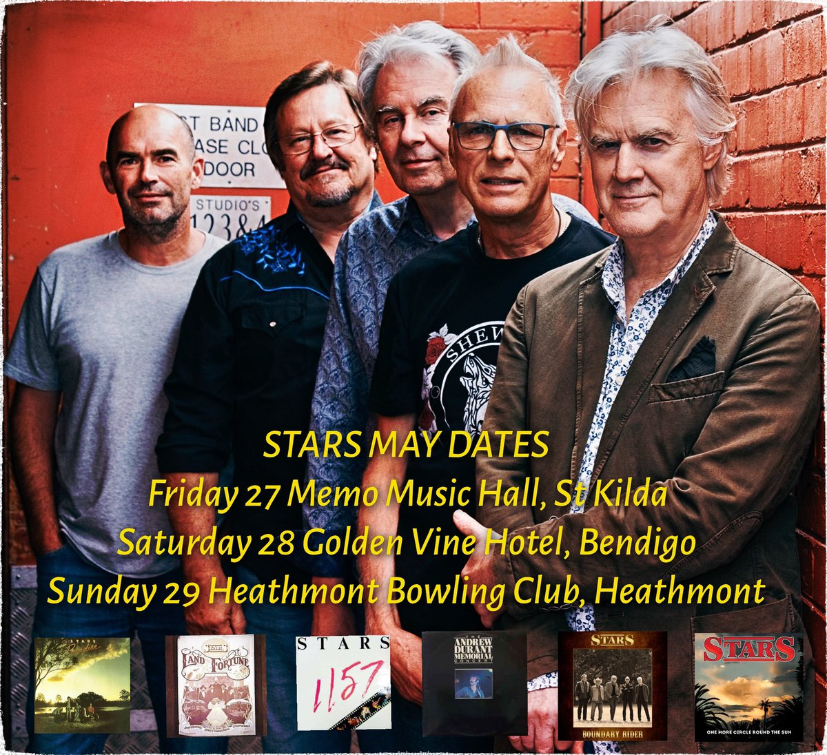 StarsOfficial2's tweet photo. Howdy friends, it’s been 12 months since the full lineup played…
Tix available now ……x

Memo Music Hall https://t.co/Lua5xnGOIb
Golden Vine Hotel https://t.co/CWmrVPWwNs
The Rocket Lounge @ Heathmont Bowls https://t.co/P0EZvP0EAU https://t.co/JDalqRznkM