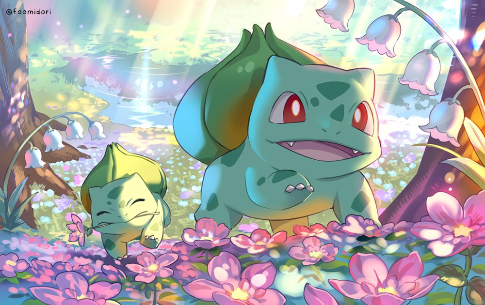 bulbasaur pokemon (creature) no humans flower fangs closed eyes outdoors red eyes  illustration images