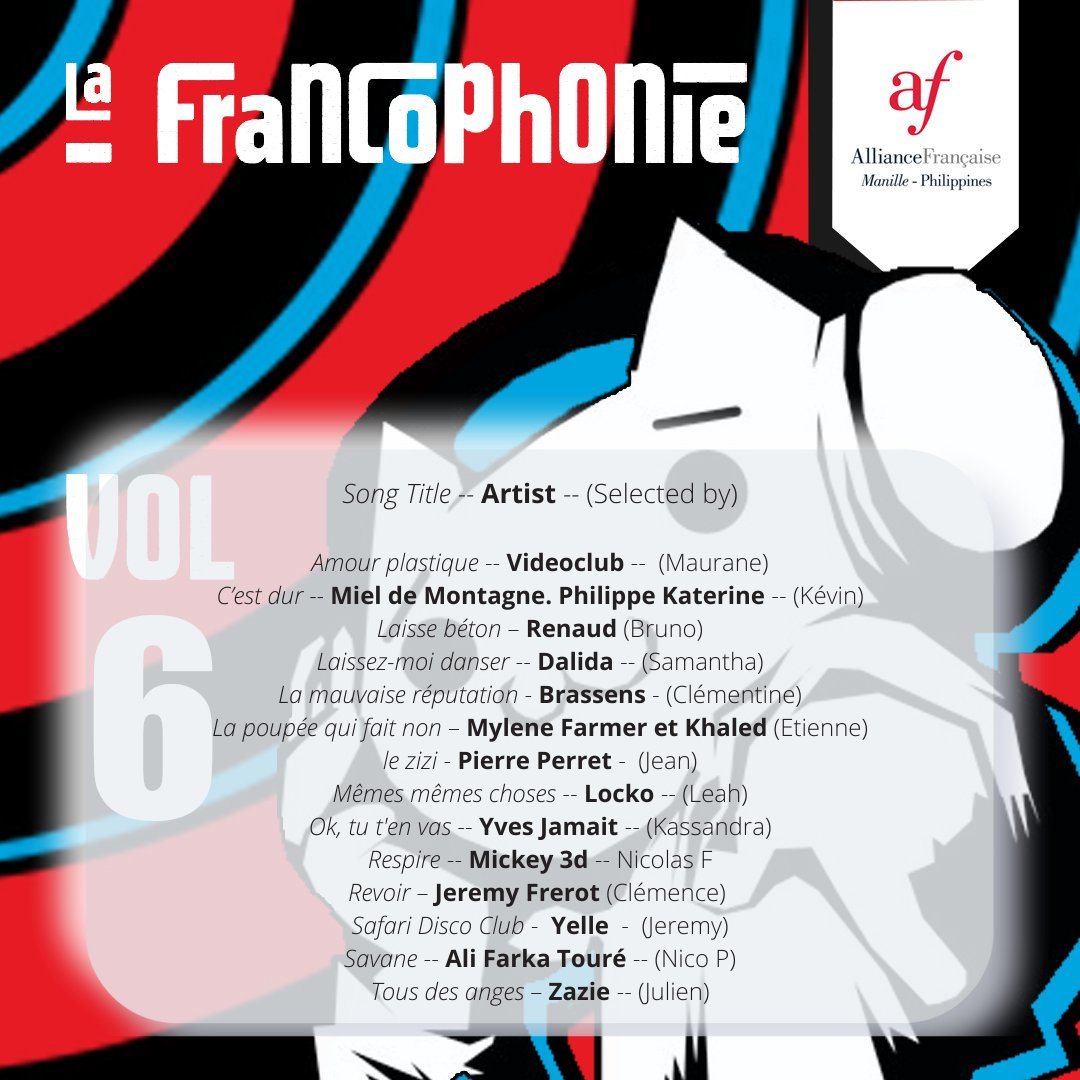 AFManille's tweet photo. 📣The Alliance Française de Manille Playlist -- April Edition is out ‼
Now on its 6th edition, discover French songs with the help of AFMs Instructors and other members of the AFM Team.
🎧 ttps://spoti.fi/3xiQ38b
#AFMPlaylist #music https://t.co/wYLTQ16723