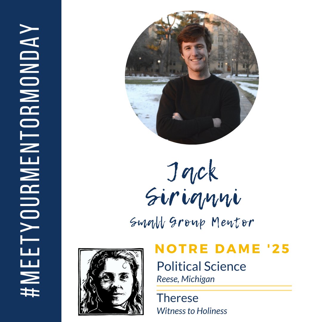 Meet Jack Sirianni, Small Group Mentor! "I am ecstatic about serving as a mentor to students at various steps in their faith journey. Vision offers a wonderful chance to celebrate the faith on the campus of Notre Dame."         
 #NDVision #MeetYourMentorMonday <a href="/McGrathND/">McGrath Institute for Church Life</a>