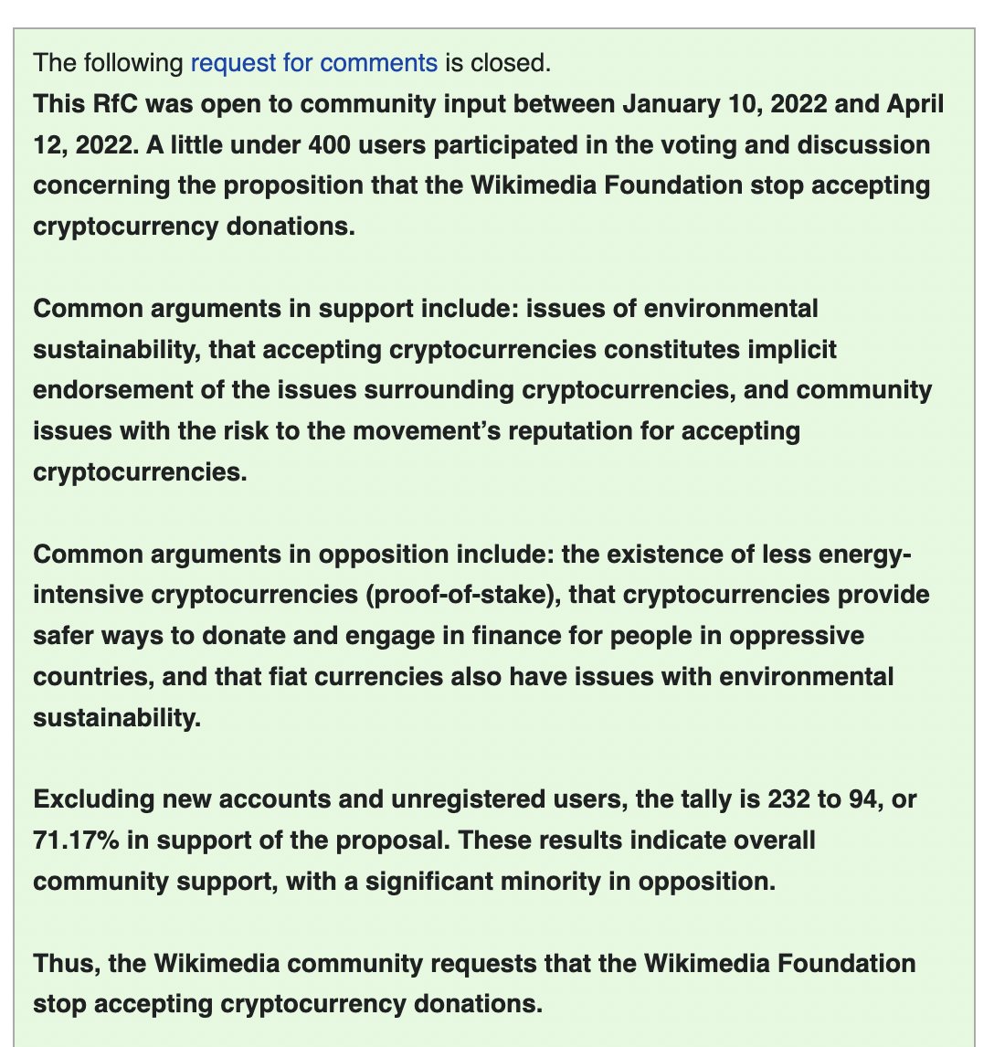 The Wikimedia community requests that the Wikimedia Foundation stop accepting  cryptocurrency donations. https://t.co/cIGFunKMVh