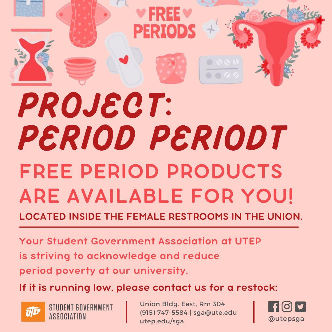 utepsga's tweet photo. We got you covered, periodt 😌💅 SGA is providing free period products on campus to combat period poverty and help students who might need one! https://t.co/auQqSwijMJ