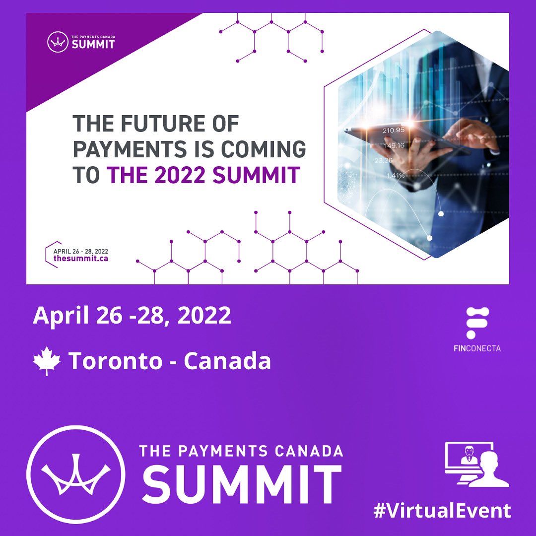 Countdown …
The #Payments #Canada SUMMIT is almost here! Let’s Connect where the industry converges. <a href="/FinConecta/">FinConecta</a> is looking forward to attend to this year's event from April 26 -28 in 🇨🇦#VirtualEvent 
🔗 thesummit.ca

#ModernPayments #PayCanSUMMIT #Network