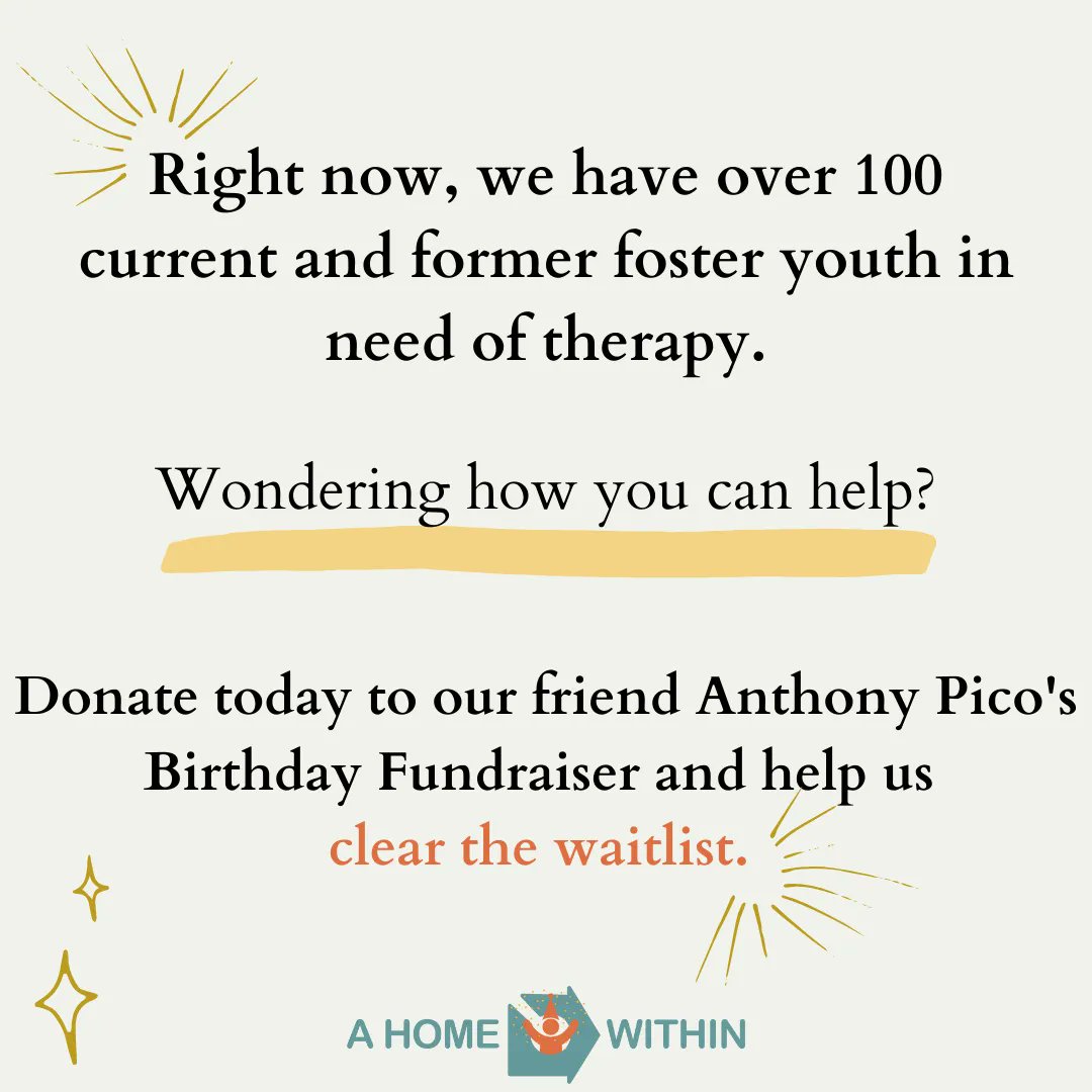 🎊 Have you celebrated @AnthonyPicoCA's birthday with us yet? 🎊 Check out how you can help us #clearthewaitlist here: buff.ly/3J8wxxm! 

#ahomewithin #therapy #therapist #mentalhealth #mentalhealthawareness #foster #fostercare #fosteryouth #volunteer