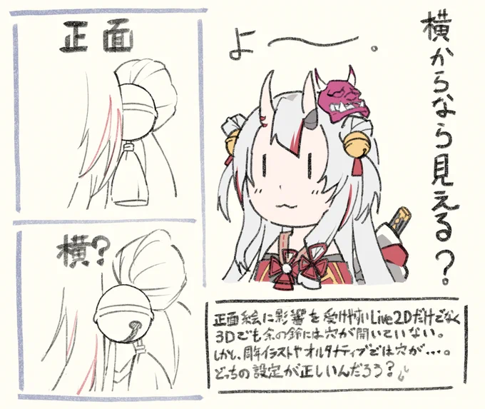 毎日ホロ絵練習10日目 
お嬢の鈴、穴有ったり無かったり問題。
正面から見えにくい位置に穴がある解釈でいいのかな? 