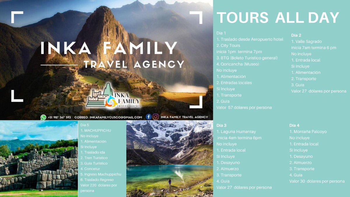 AgencyInka's tweet photo. Es hora de viajar y conocer!! ✈️
Paquetes Turísticos Seguros 💪👍¡¡
Inka Family Travel Agency ⛰😃😃
Contactos inkafamilycusco@gmail.com
TLF Whatsaap: +51 987567593📲📲
https://t.co/t4pqqskX1H
#Machupicchu #viajerosperu #peru #turismoseguro #cusco https://t.co/gAYFxgpIqD