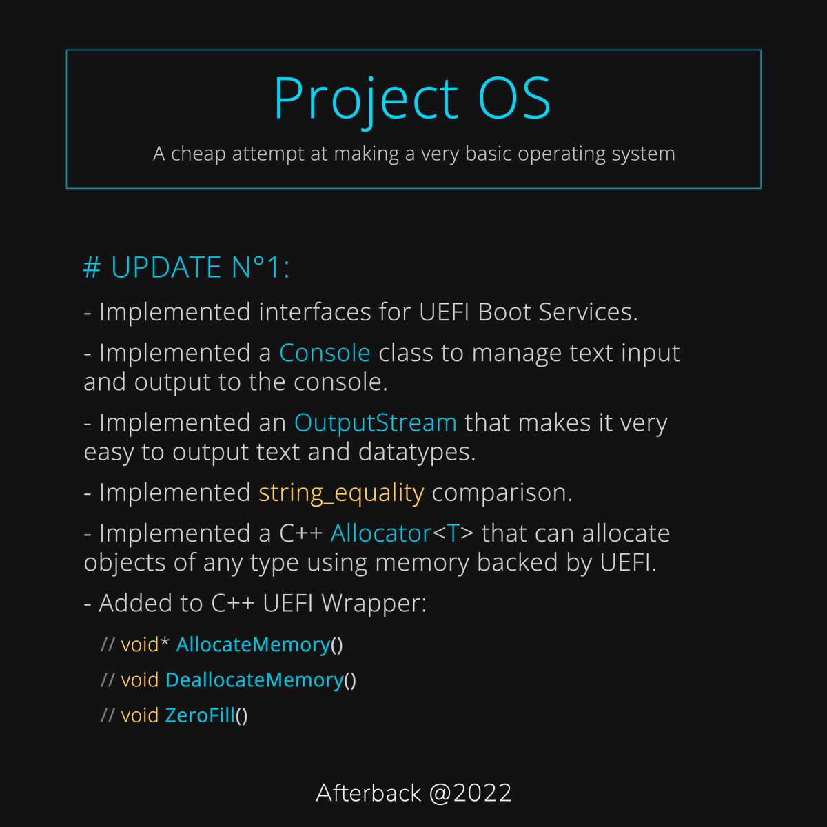 Afterback_'s tweet photo. ProjectOS is an attempt at making a very basic operating system in modern C++ and targeting modern hardware and using UEFI.
#programming #osdev #cpp https://t.co/hkjTNN0Cnq