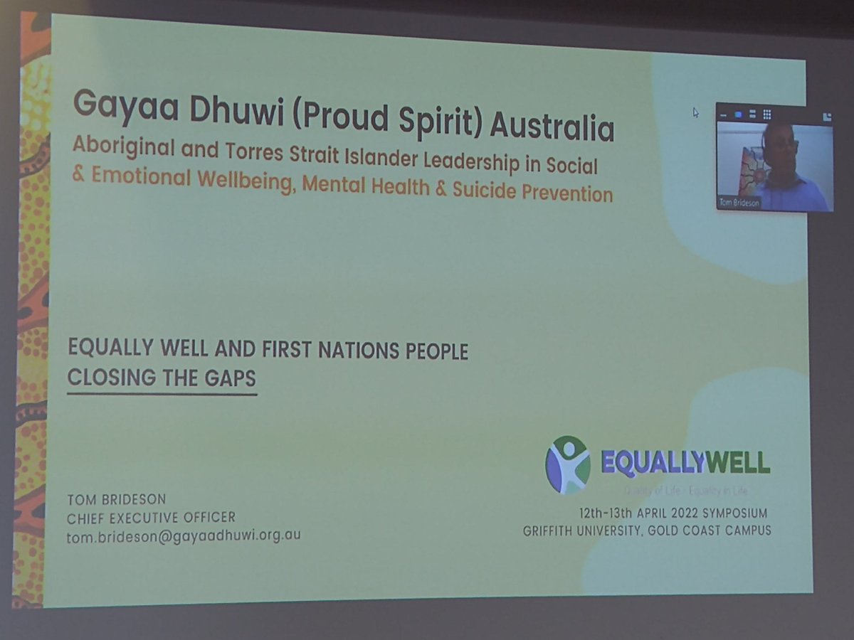 Judith_Drake2's tweet photo. #EquallyWellAu22 Tom Brideson on Indigenous mental &amp; physical health. Transfer of power, intergenerational change, see individual in context of family &amp; community, building community controlled sector, empowered to share dec mak w govt, opp to look beyond current arrangements. https://t.co/7uzTNN7y5a