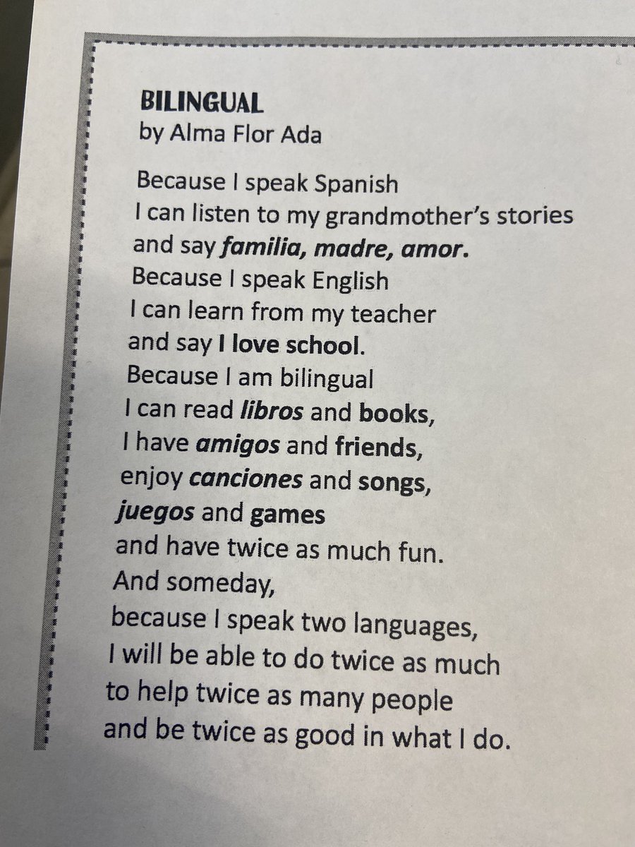 MissWelchELL's tweet photo. SO proud of this student for reading this to the entire school this morning! He practiced this poem at school and home for over a week and even learned the Spanish version so he would be able to read it to his family 🥺❤️ #NationalPoetryMonth https://t.co/6SB1YFCjYZ