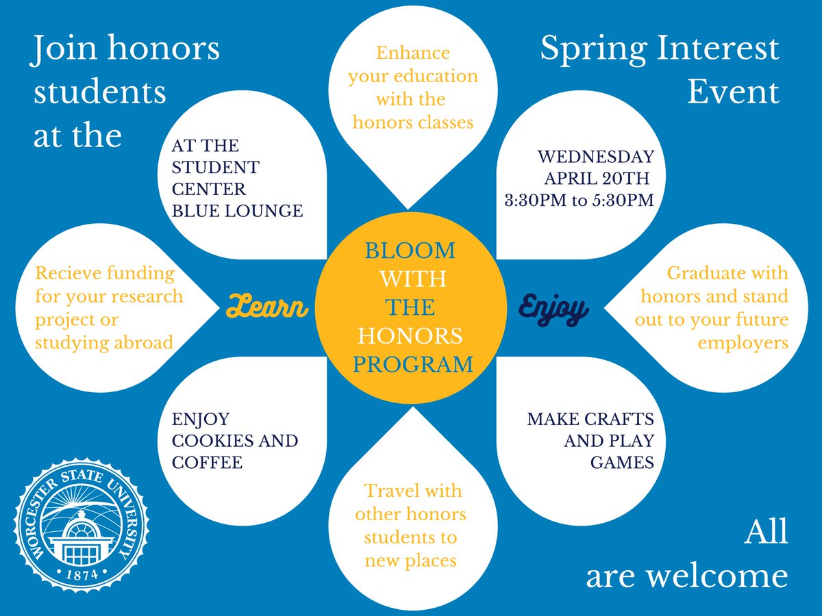 Spring is here &amp; so is your chance to join the honors program! 🌺 If you are a member of the program, you can be a speaker for event credit.
 
Learn more about this event &amp; how you can get involved in our latest Instagram post at @/wsuhonorsprogram. 📸
 
#woostate #worcesterstate