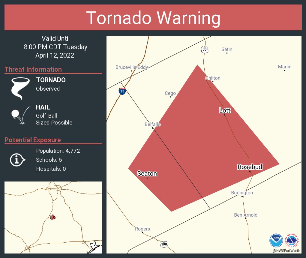 Tornado Warning continues for Rosebud TX, Lott TX, Seaton TX until 8:00 PM CDT
