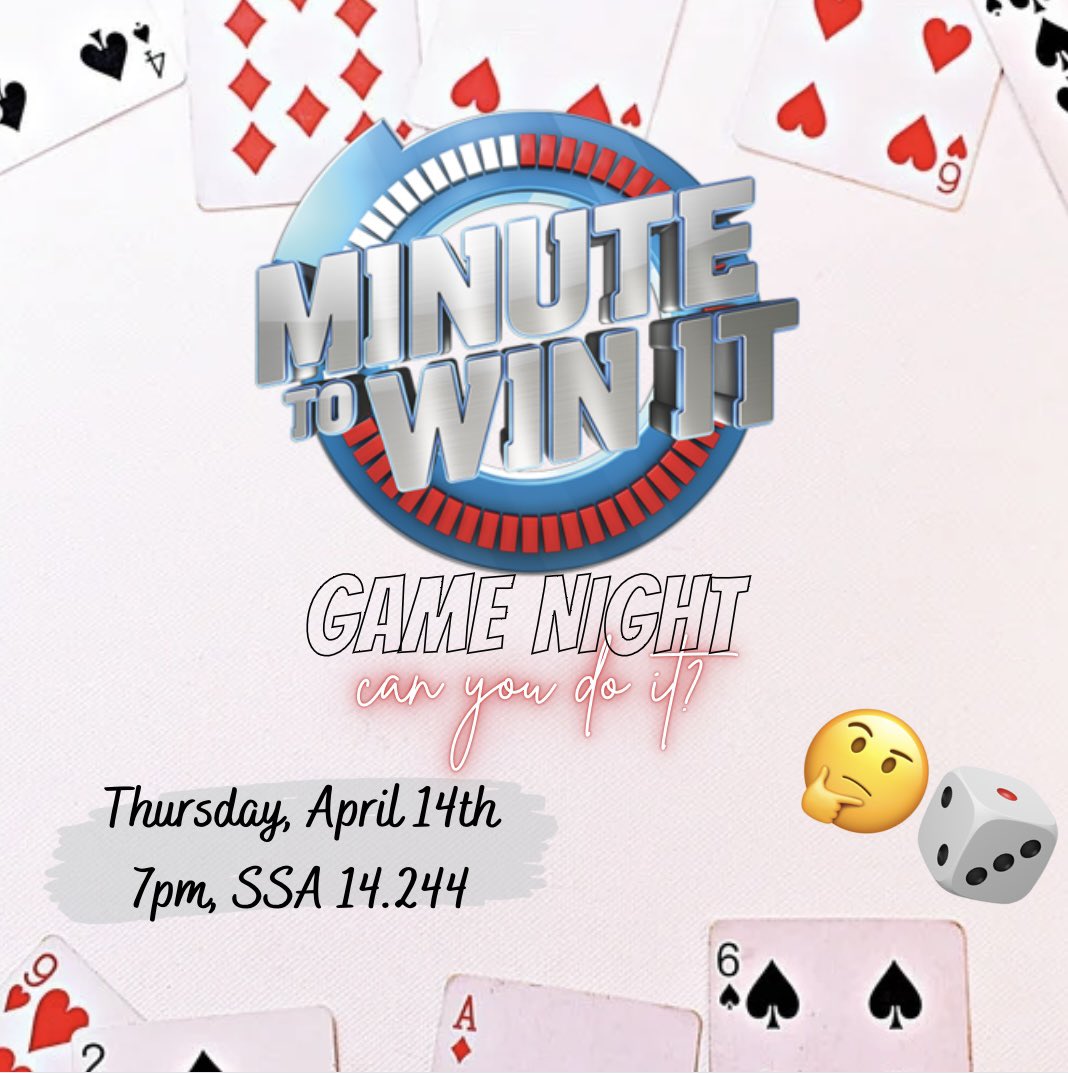 utdallasasu's tweet photo. “You’ve got a MINUTE to WIN it! Can you do it?” Well let’s find out! Play multiple mini games to stunt your talents under a minute! We’ll tell y’all first hand, it’s easier said than done but y’all will have to find out for yourself so we’ll see y’all there 🤞🏾 https://t.co/FkGuF4AJjC