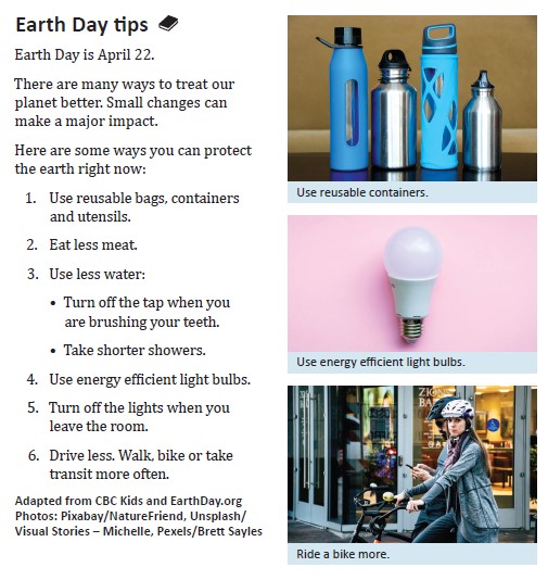WestcoastReader's tweet photo. Earth Day tips from this month's issue of the WCR! Book level 1 story.
Teacher Tip: Use the activity in the Teachers' Notes discussion section in your class.
#EarthDay #EarthDayTips #InvestInOurPlanet #EarthDayEveryday #environment #Newspaper4Learners #AdultLiteracy
#News https://t.co/y8XMXL1Qmp