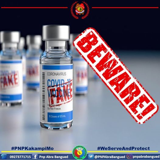 PNPAbraBangued's tweet photo. COVID Vaccines are intended to save people's lives, not to deceive people's mind. Be vigilant at all times. Beware and Be AWARE.
#BEWAREOFFAKE
#fakevaccine
#PNPKakampiMo
#PNPToServeandProtect https://t.co/VvXDNmSFd9