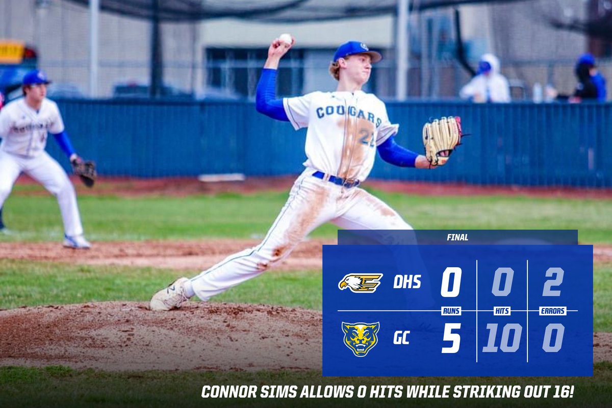 GCCougars's tweet photo. Score Update:  GC 5 - Delta 0, Sims allows no hits while striking out 16. https://t.co/pBoeUJTezd