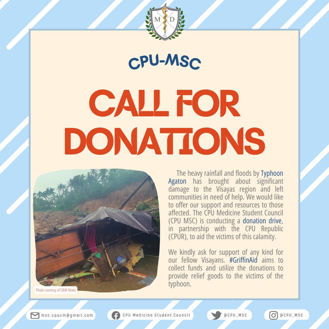 CPU_MSC's tweet photo. Following Typhoon Agaton's devastation, we are once again knocking on your good hearts to help our brothers and sisters who were affected by the typhoon.
#GriffinAid
#CPUMSC
#TyphoonAgaton
#DonationDrive https://t.co/2UnPOZ7hgI