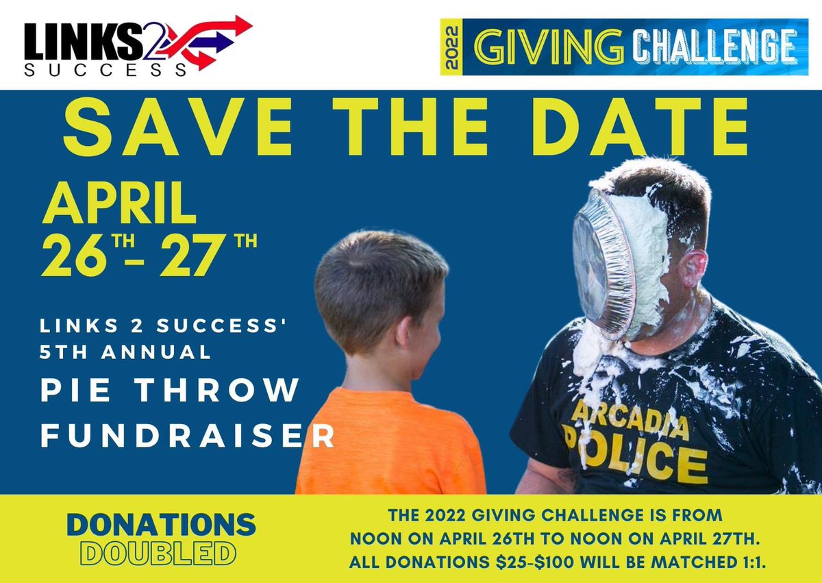 Links2Success (@links2success) on Twitter photo Only 2 weeks until #GivingChallenge2022 and our 5th Annual Pie Throw! Donations of $25-$100 made during the Giving Challenge will be matched thanks to <a href="/ThePattersonFdn/">The Patterson Foundation</a>! Starting at noon on April 26- noon on April 27, donate here givingchallenge.org/organizations/…. Pie Throw is 4/27 5:30pm. Only 2 weeks until #GivingChallenge2022 and our 5th Annual Pie Throw! Donations of $25-$100 made during the Giving Challenge will be matched thanks to <a href="/ThePattersonFdn/">The Patterson Foundation</a>! Starting at noon on April 26- noon on April 27, donate here givingchallenge.org/organizations/…. Pie Throw is 4/27 5:30pm.