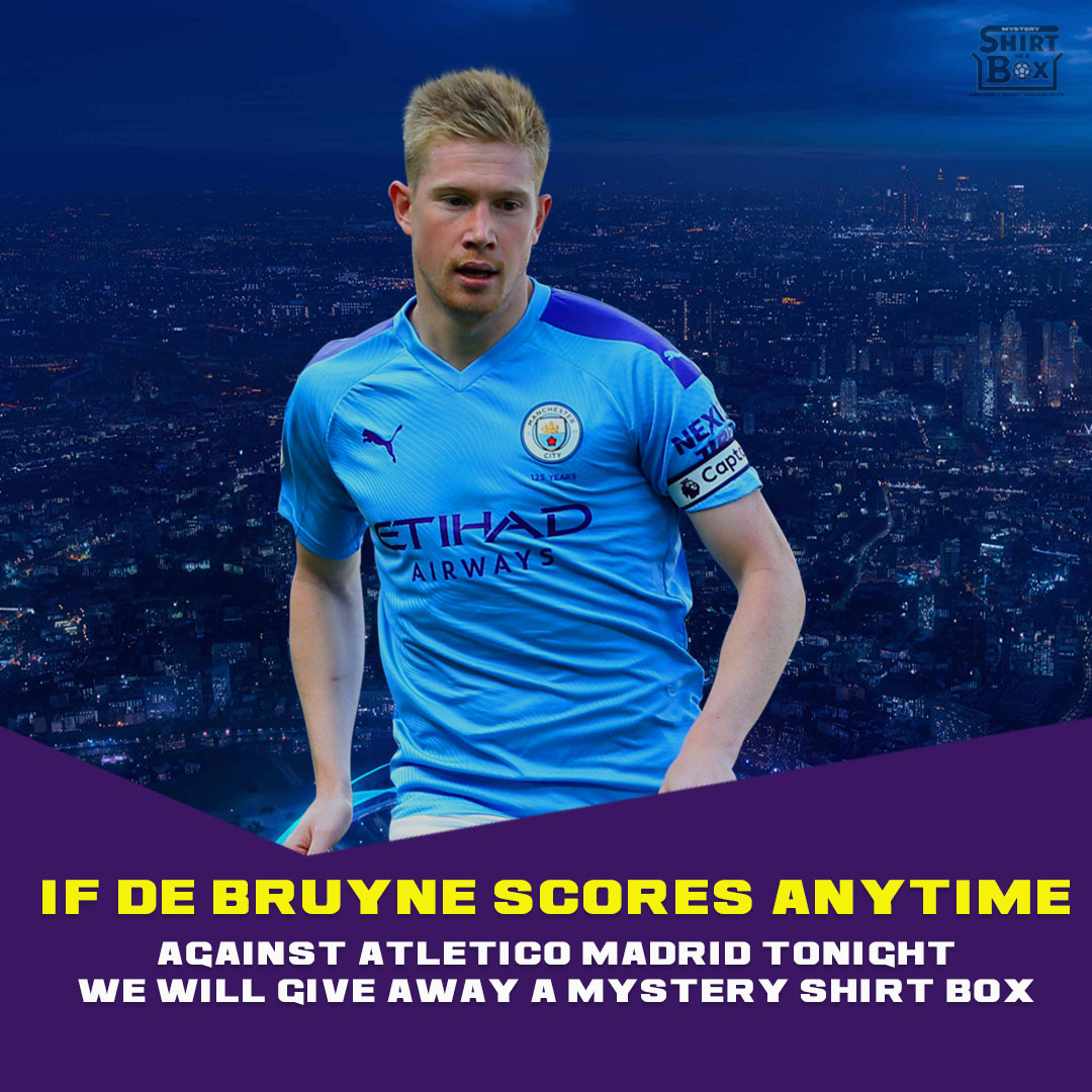 theshirtinabox's tweet photo. If Kevin De Bruyne scores ANYTIME against Atletico Madrid tonight, we will give away a mystery shirt box 👕📦

RT this &amp; follow us to enter 👈

We'll pick a winner tomorrow afternoon. Good luck 🤞 https://t.co/MYHIrhCvtT