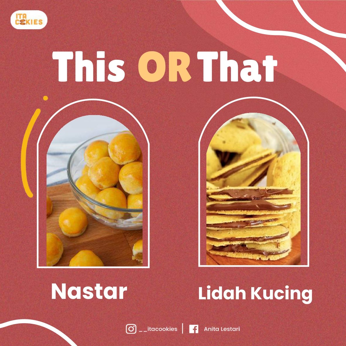 _itacookies's tweet photo. This OR That?
Kalau dikasih pilihan untuk memilih antara 
Lidah Kucing dan Nastar, Kalian bakal
pilih yang mana nih? Yuk komen di bawah
apa pilihan Favorite mu! 
#LezatnyaBuatanRumah #Itacookies https://t.co/yq6BOuUqNx