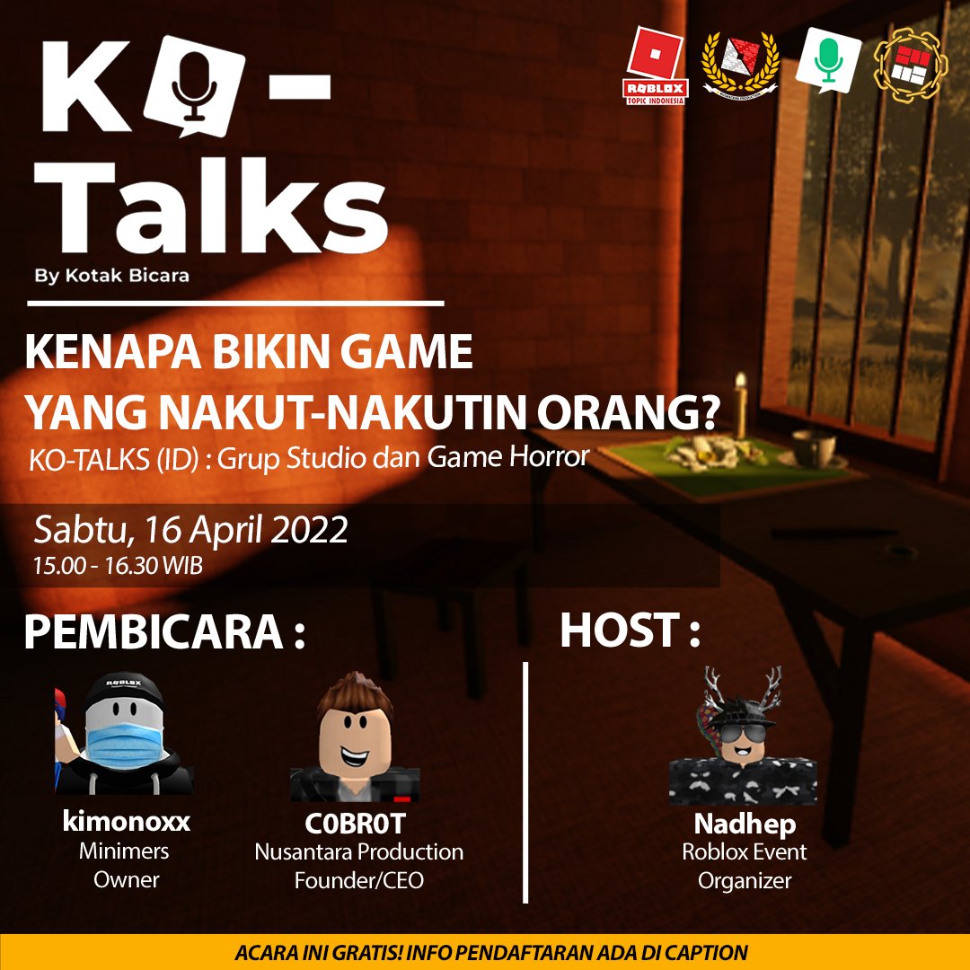 This event is in Indonesian. but may be followed by people from outside Indonesia. let's register now!

#Roblox #RobloxDev #TalkShow