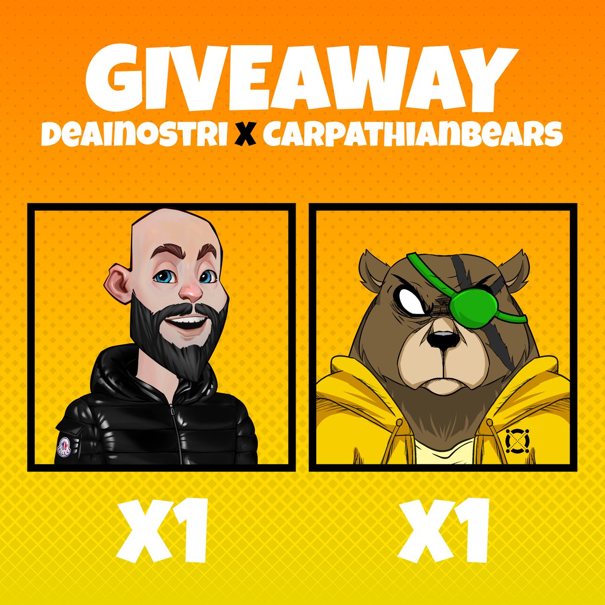 🎉 Giveaway citizens!

🏆 Prize : 
1x <a href="/deainostri/">Deainostri</a> &amp; 1x <a href="/CarpathianBears/">CarpathianBears ⚡ SOLD OUT ⚡</a> NFT

⚡️ How To Enter:

1️⃣ Follow 
<a href="/deainostri/">Deainostri</a> &amp; <a href="/CarpathianBears/">CarpathianBears ⚡ SOLD OUT ⚡</a> 
2️⃣ RT + ❤️
3️⃣ Tag 3 friends
4️⃣ Join discord.gg/deainostri &amp; discord.gg/BAxcDB6b

#ElrondNFT #ElrondNetwork #nft #NFTs #EGLD #NFTGiveaway