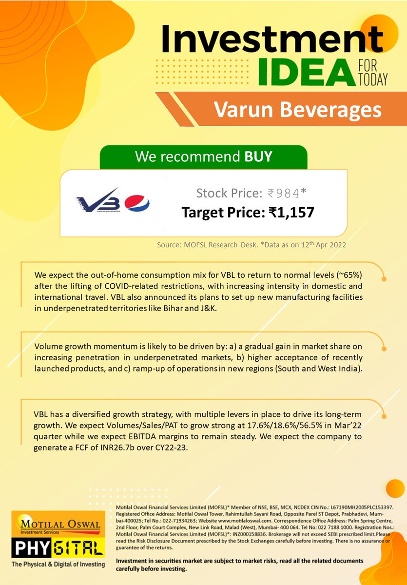 sidd_khemka's tweet photo. #MotilalOswal #InvestmentIdea #MidCapIdea #VBL diversified growth strategy-increased regional penetration, new products, entry into foods, to drive long-term growth. Expect Strong Mar & Jun quarter driven by out-of-home consumption & stronger summer @MotilalOswalLtd @hemangjani9 https://t.co/AVuNSIm5NH