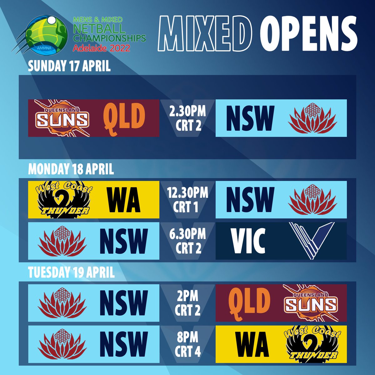 MensNsw's tweet photo. Follow the journey of the Mixed Open team from this Sunday when they tale to the court for the AMMNA Championships.
Here are is their playing fixture.
#bleedblue #ammnachamps2022 #NextGenNetball https://t.co/ayM0TUXJ8G