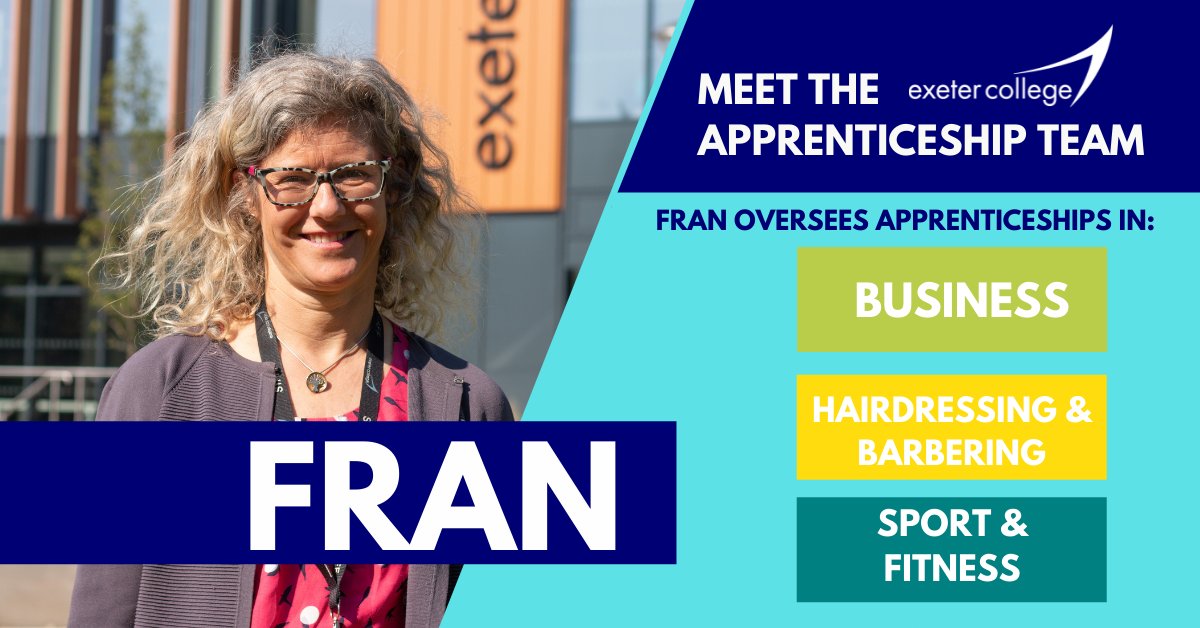 ExeApprentices's tweet photo. Meet Fran! 👋 Fran looks after after Apprenticeships in Hairdressing &amp; Barbering, Business and Sport!

Whether you’re looking for an #Apprenticeship or are an employer seeking to hire an Apprentice, she is here to help!

 📞Get in touch: 01392 400 800

#ExeterJob #Careers https://t.co/v8l4FalWvM