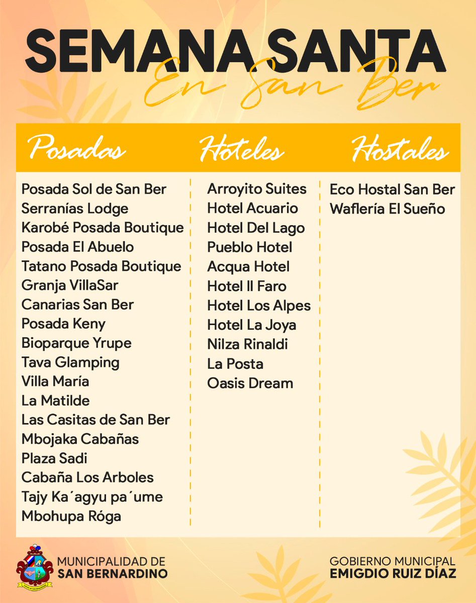 SanBernardinoPy's tweet photo. SEMANA SANTA EN SAN BER 🏖

Compartimos la lista de alojamientos  habilitados para Semana Santa. 

#EMIGDIO_RUIZ_DÍAZ_INTENDENTE_SB https://t.co/SyooL5hn0D