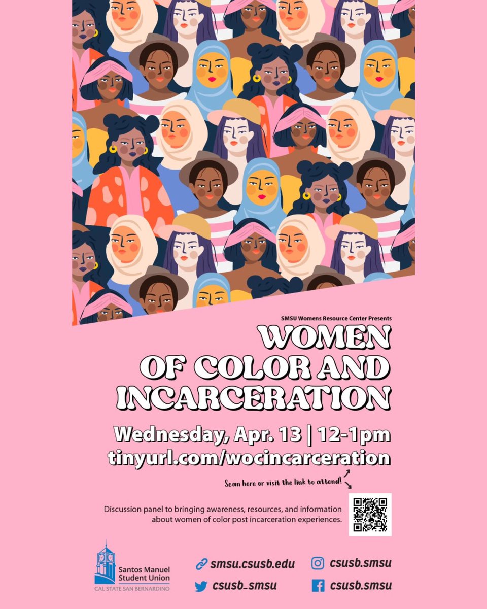 Hey Hey Hey, Project Rebound family make sure to support ,SMSU Women’s Resource Center as they bring you ‘Women of Color and Incarceration tomorrow April 13, 2022 from 12 to 1 PM!

csusb.zoom.us/meeting/regist…

Use the QR code to register for the meeting link or use the link in bio