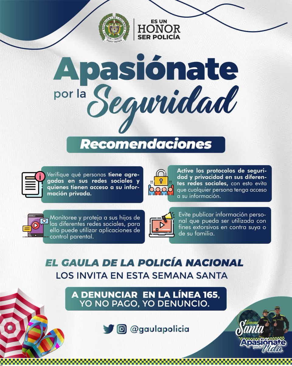 PoliciaDeTolima's tweet photo. En esta Semana Santa #ApasiónatePorLaSeguridad con las recomendaciones que nos brinda el 
@GaulaPolicia #Tolima en los diferentes municipios del departamento. #Línea165 #YoNoPagoYoDenuncio https://t.co/lqxN7KQEE6