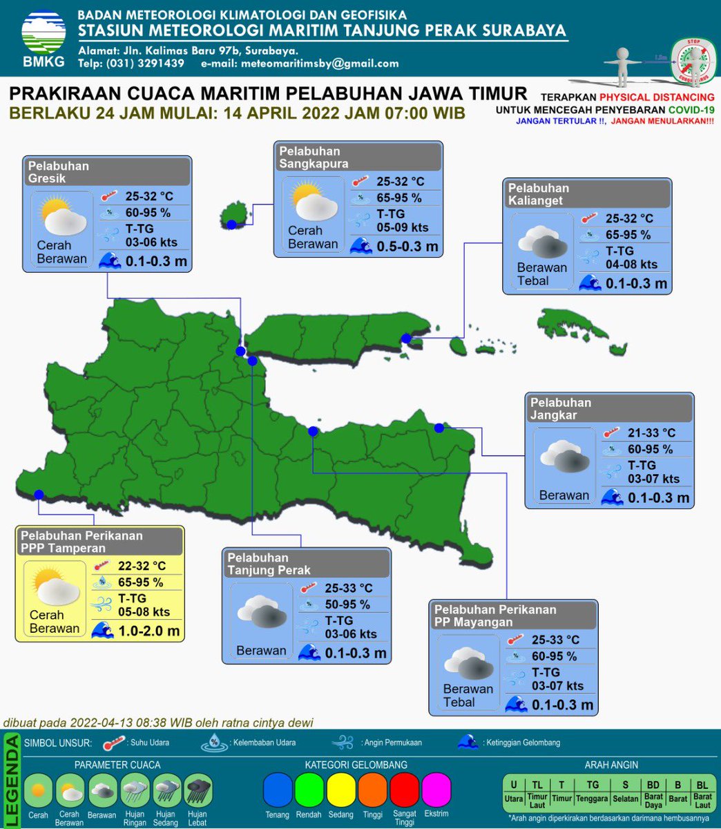 infobmkgperak's tweet photo. Prakiraan cuaca maritim untuk wilayah perairan Jawa Timur dan pelabuhan Jawa Timur yang berlaku 24 jam mulai tanggal 14 April 2022
#infobmkg #bmkgmaritimtanjungperak #surabaya #jawatimur https://t.co/KwupbK8h3h