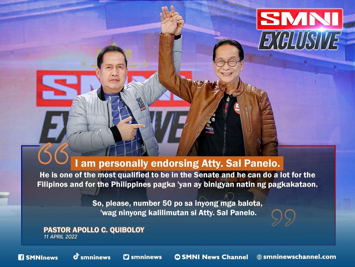 Maraming, maraming salamat Pastor Apollo Quiboloy sa inyong pagtitiwala at suporta! 🙏🏽

Sa tulong niyo at ng inyong mga tagasunod, itutuloy ko sa Senado ang mga pagbabagong nasimulan ni Pangulong Duterte! 👊🏽🇵🇭

P.S. Salamat din po sa guwapong na jacket na ‘to! 😎