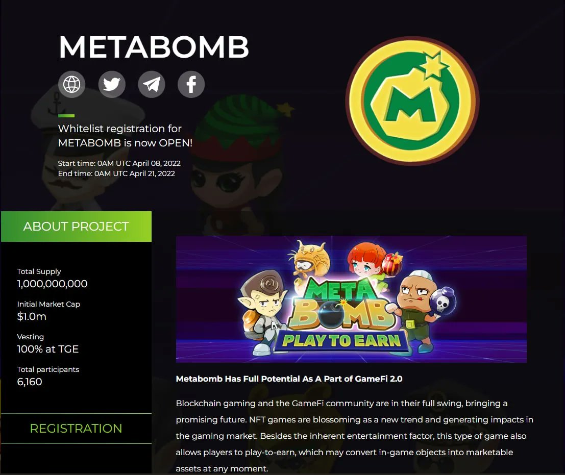 metabombgame's tweet image. OVER 6,000 PARTICIPANTS ON #MetaBomb #Whitelist!

Simply by signing up, you'll be gaining exclusive perks once our #IDO happens! Furthermore, top addresses will receive rewards when the Whitelist is concluded!

So what are you waiting for? Sign up today at whitelist.lz.finance/projects/metab…