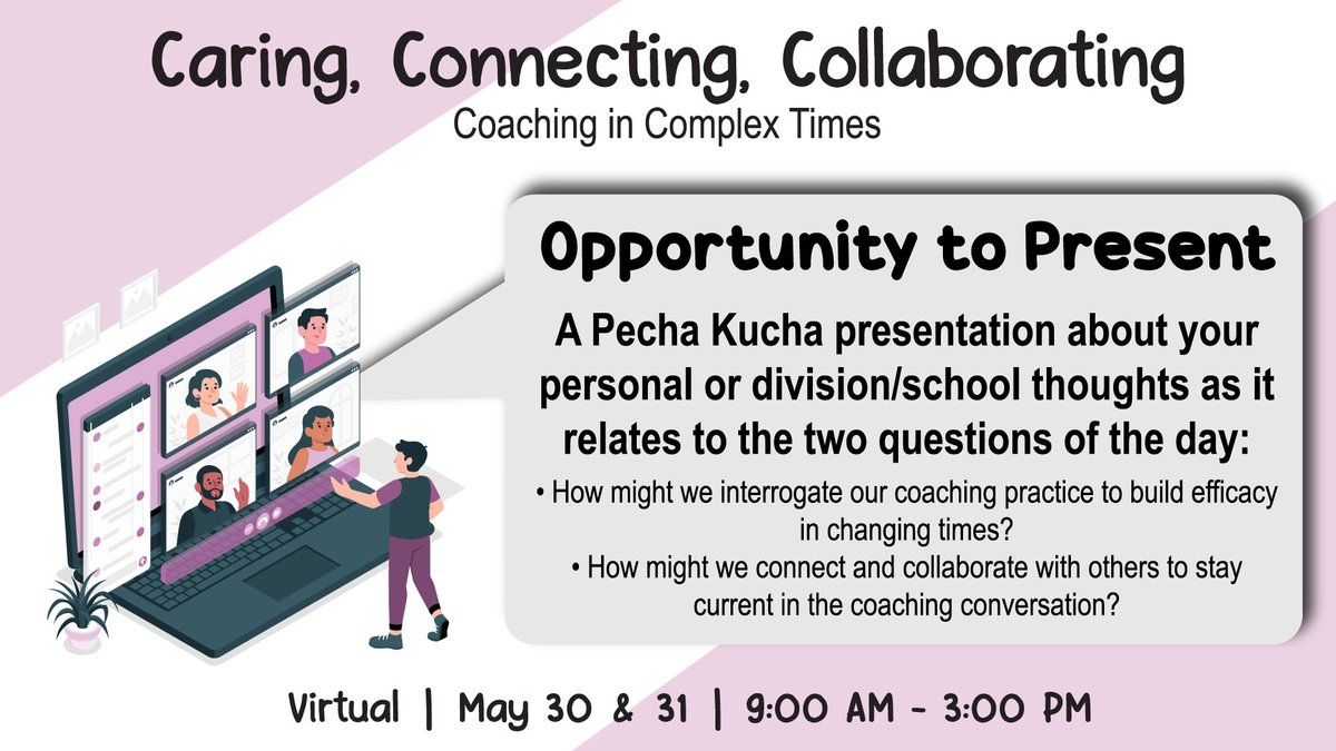 📣 Opportunity to present! are inviting willing participants to put together a Pecha Kucha framed around your personal or your division/school thoughts as it relates to the two questions of the day. More info here ➡️ ow.ly/oOBV50II6NY